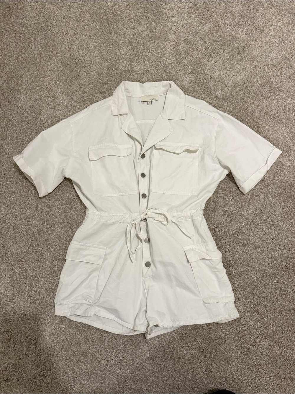 Pinch White Short-Sleeve Utility Romper with Drawstring